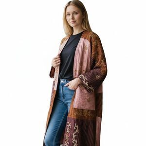 Zara Limited Edition Embroidered Patchwork Kimono Coat Jacket M L Pink Burgundy